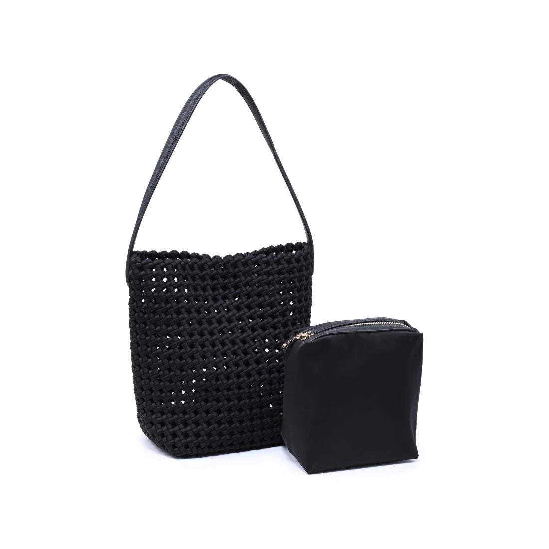 Black woven shoulder bag with a structured bucket silhouette, open basket weave texture, and slim shoulder strap, front with pouch