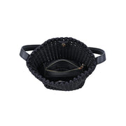 Black woven shoulder bag with a structured bucket silhouette, open basket weave texture, and slim shoulder strap, top down