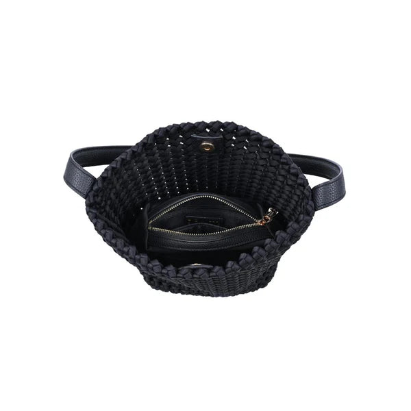 Black woven shoulder bag with a structured bucket silhouette, open basket weave texture, and slim shoulder strap, top down