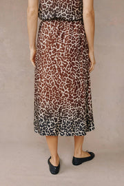Back view of a gathered leopard print long skirt