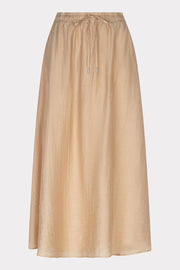 A-line maxi skirt with a slit, side pockets, and an elastic waistband with a drawstring.