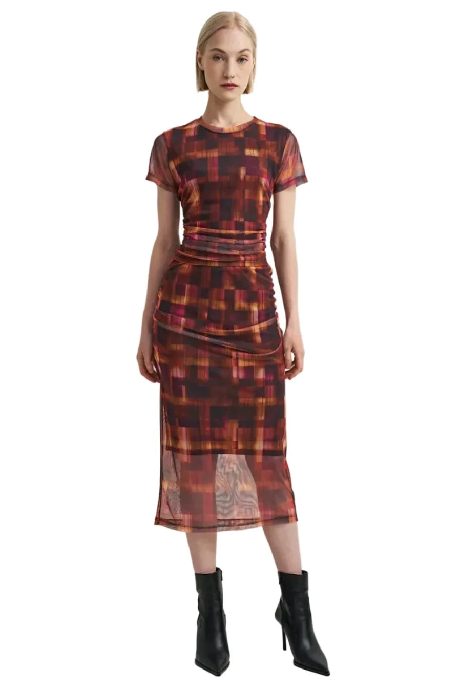 woman wearing red patterned sheer fitted t shirt 