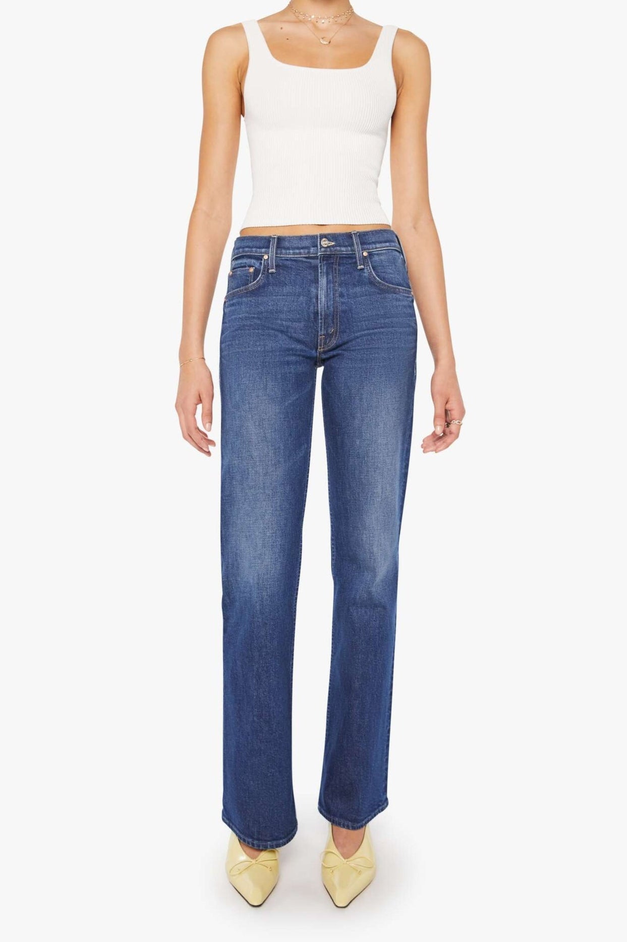 front view womens blue jeans straight leg dark wash mother denim