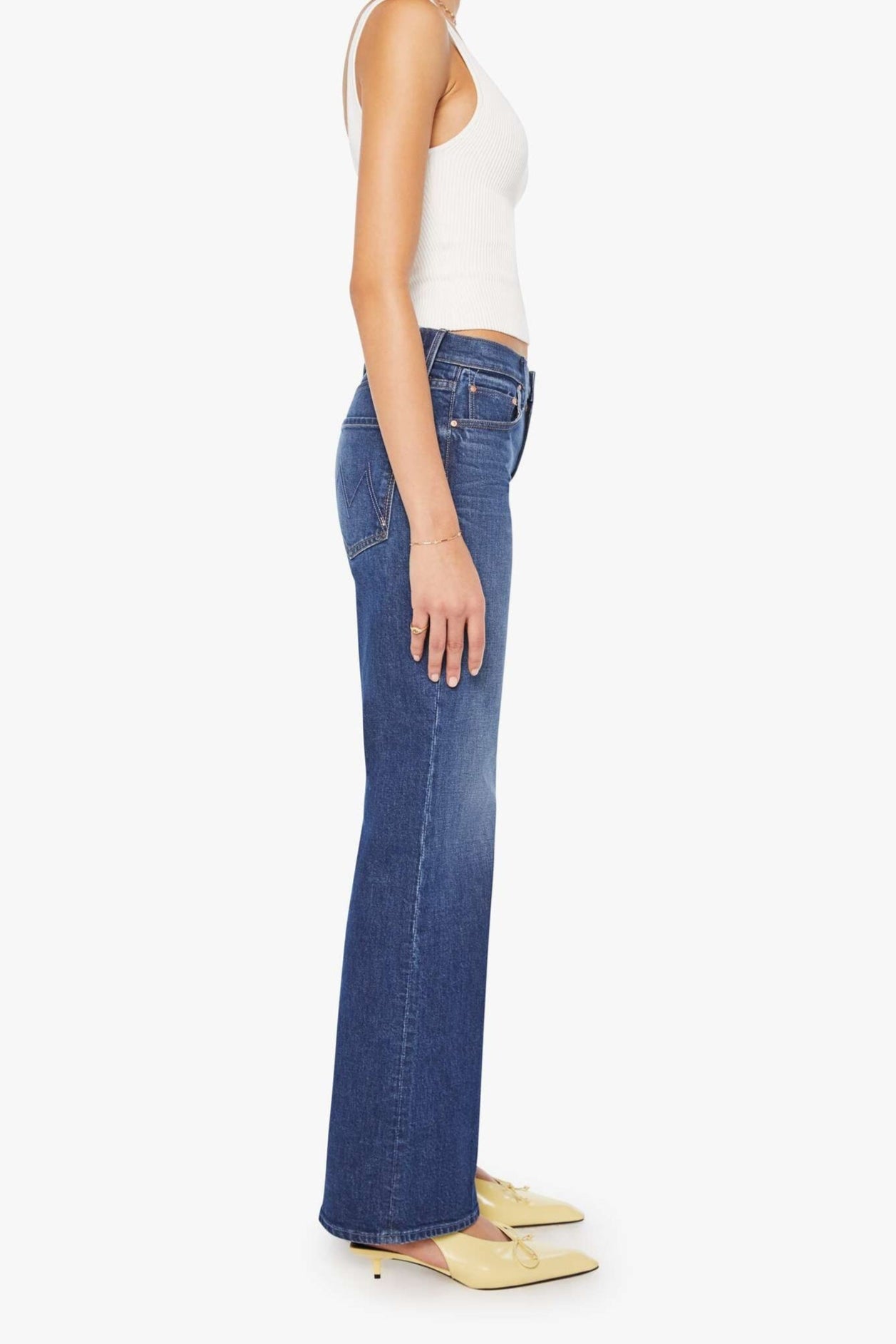 side view womens blue jeans straight leg dark wash mother denim