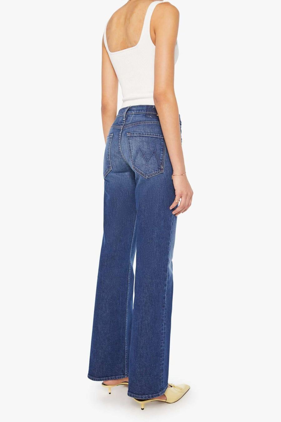 back view womens blue jeans straight leg dark wash mother denim