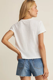 Woman wearing a white crewneck short-sleeve T-shirt, back