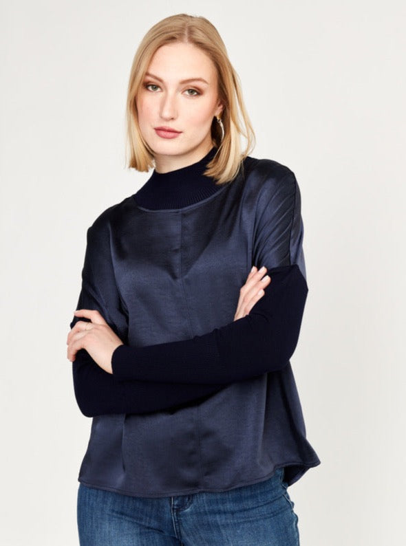 Melissa Nepton Norah Satin Mock Neck Top in Navy - Size XS Available