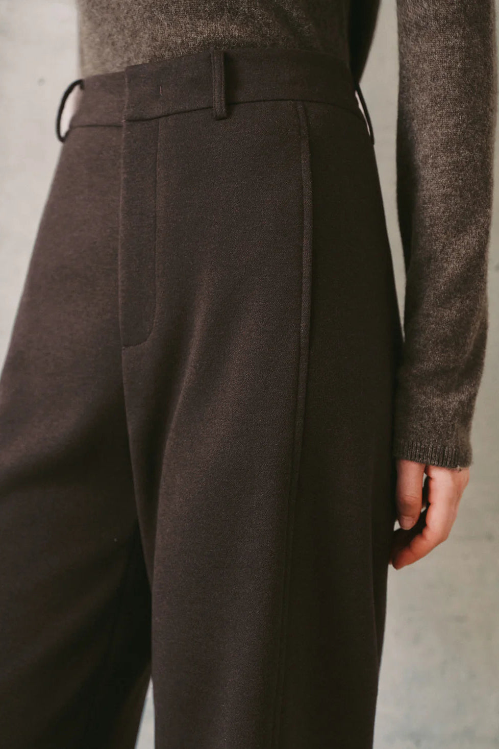 Woman wearing dark brown high-waisted wide-leg trousers, side detail