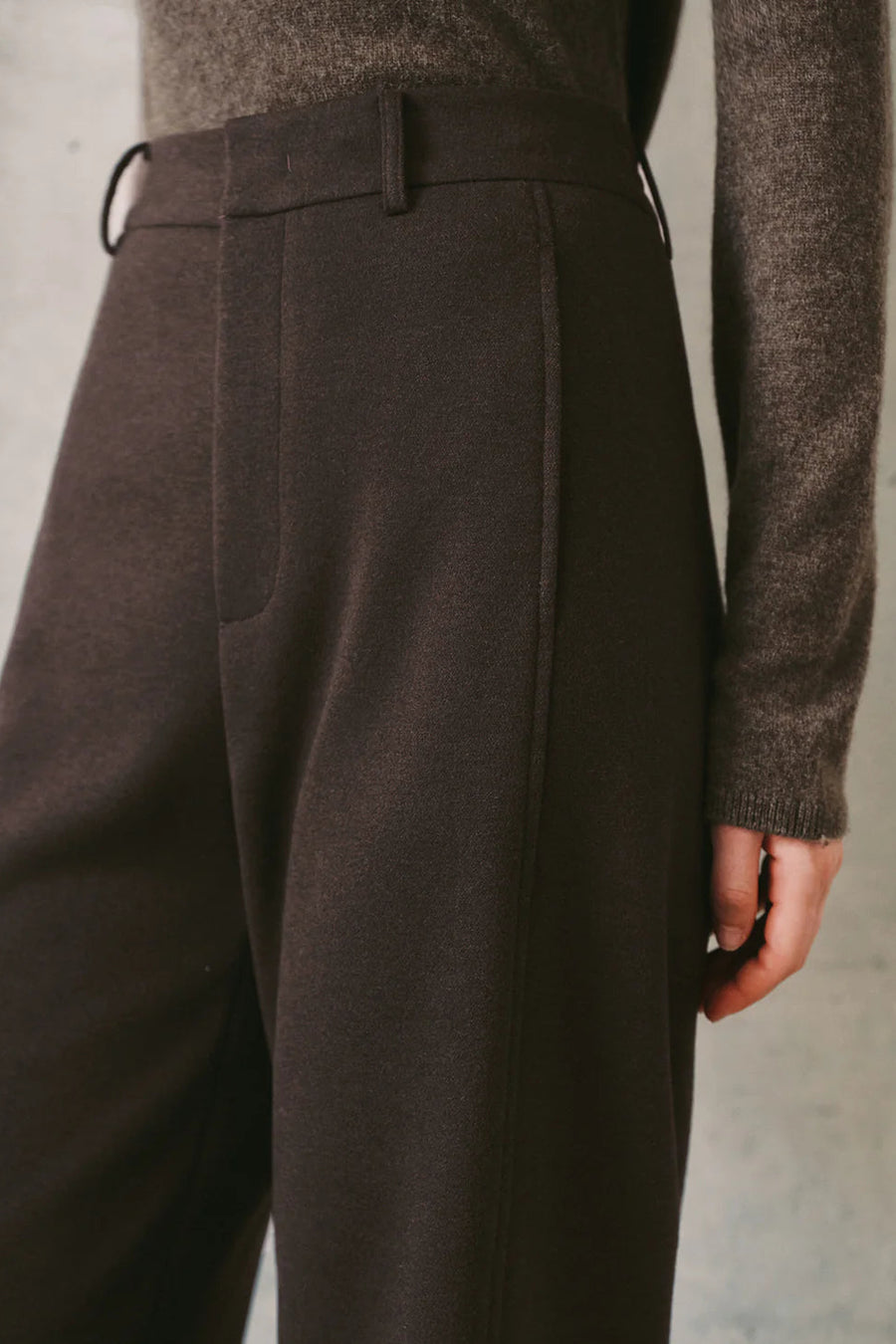 Woman wearing dark brown high-waisted wide-leg trousers, side detail