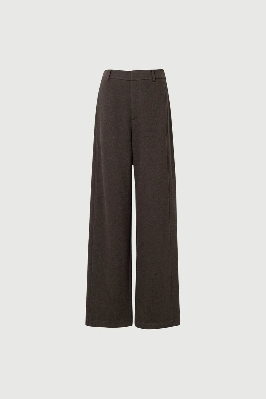 Woman wearing dark brown high-waisted wide-leg trousers, front