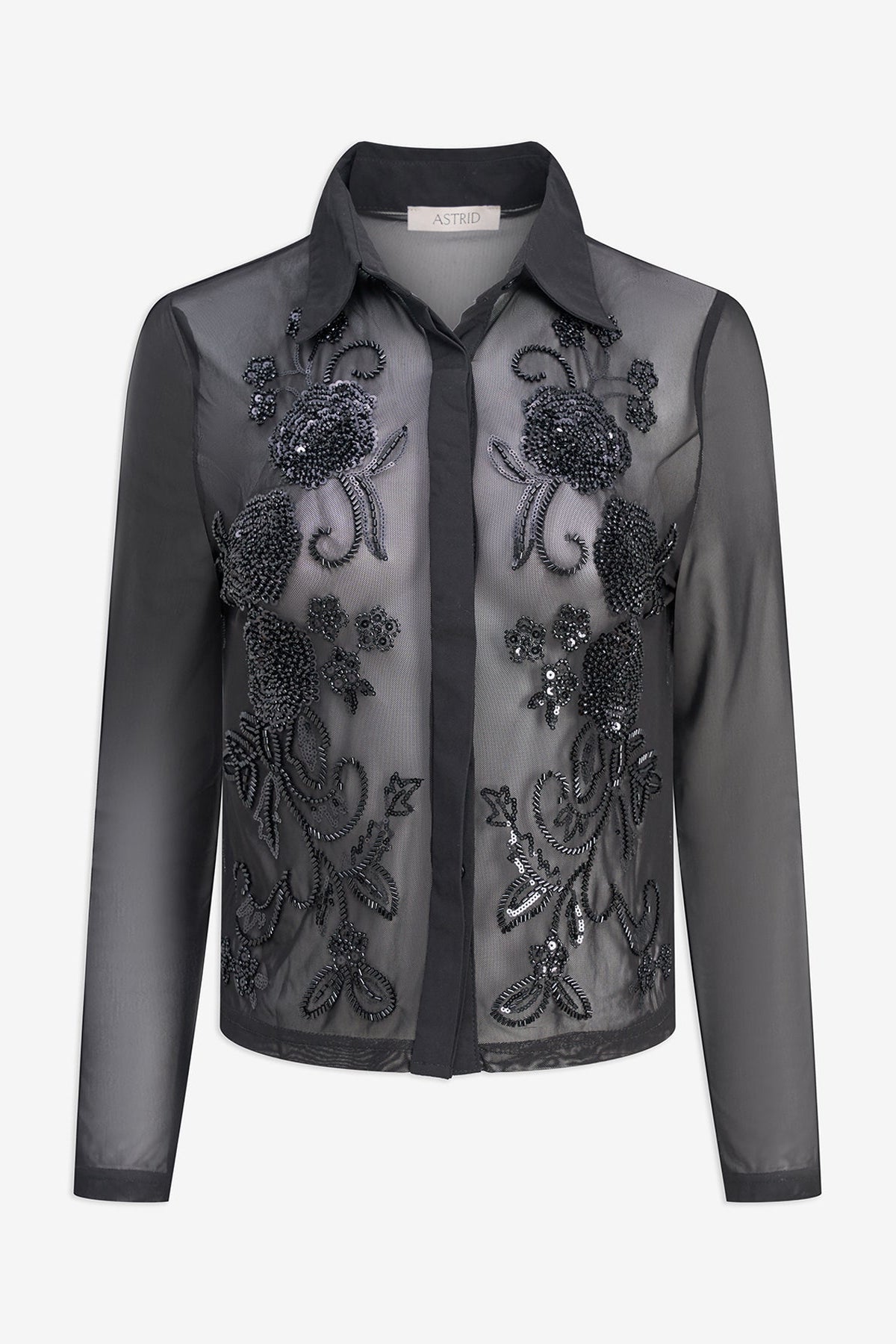 black sheer mesh jacket featuring intricate floral embroidery, sequin embellishments, long sleeves and a mandarin collar. 