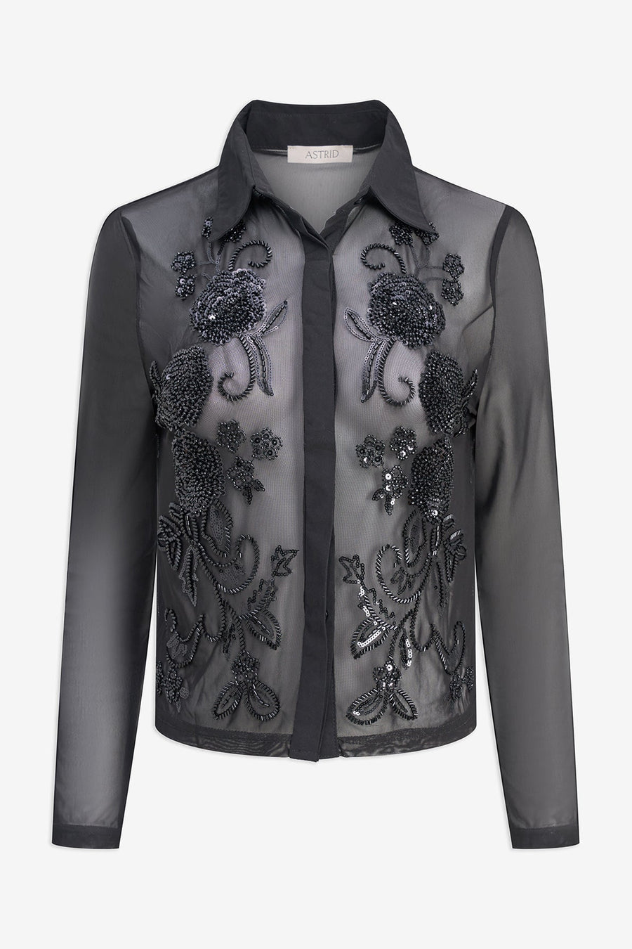 black sheer mesh jacket featuring intricate floral embroidery, sequin embellishments, long sleeves and a mandarin collar. 
