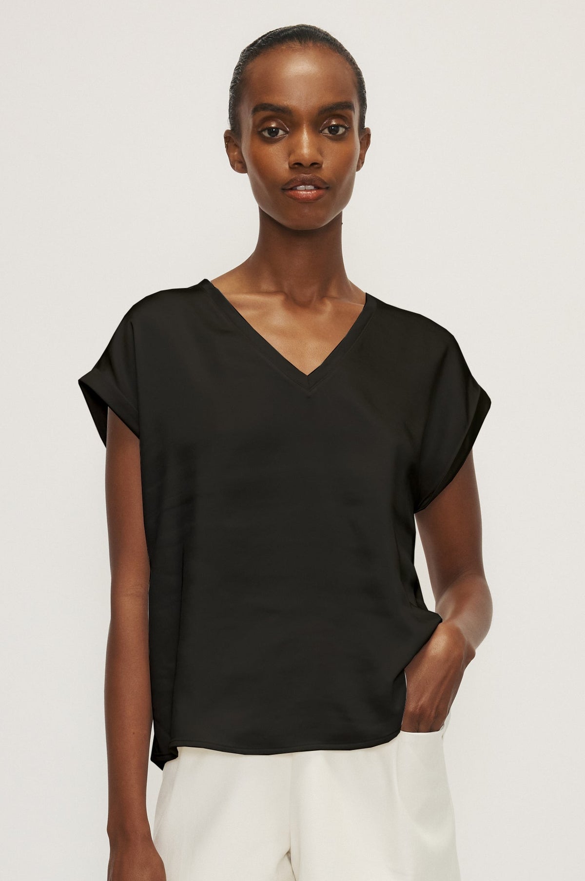 Melissa Nepton Natalia Satin V-Neck Short Sleeve Top in Black