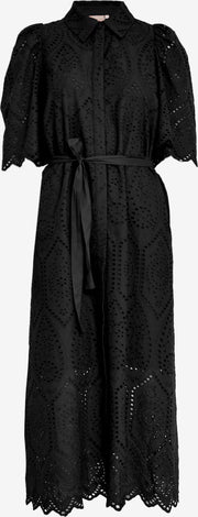 Short-sleeve black dress with a relaxed fit, featuring a soft drape and an easy, flattering silhouette, front