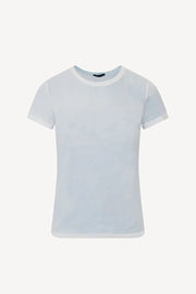Woman wearing a light blue short-sleeve crewneck T-shirt, front view