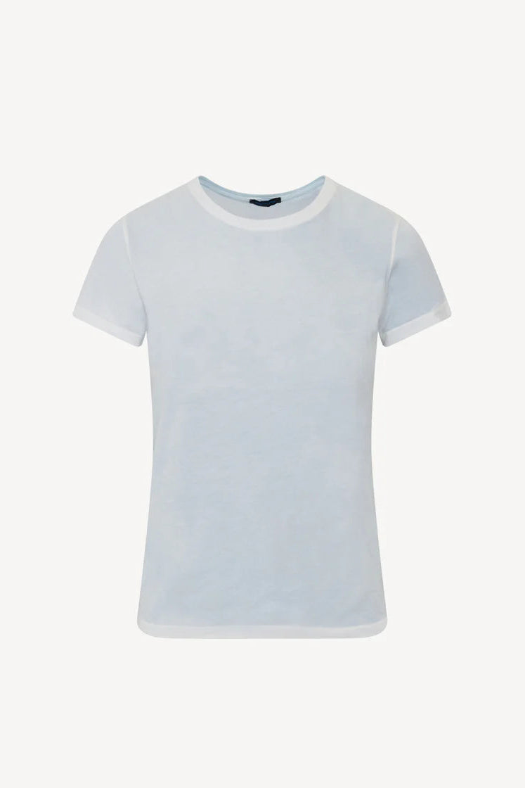 Woman wearing a light blue short-sleeve crewneck T-shirt, front view