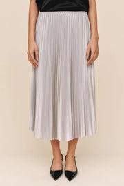 woman wearing a pleated silver skirt