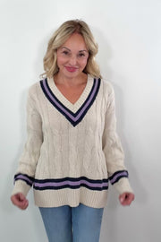 Astrid Vittoria Athletic Stripe Cable Knit Sweater