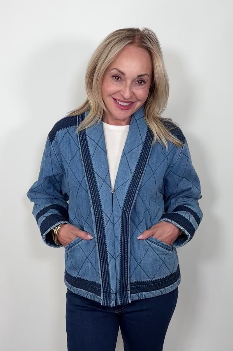 Front facing woman wearing a blue quilted jacket with navy blue detailing. She is turning to show the back of the jacket.