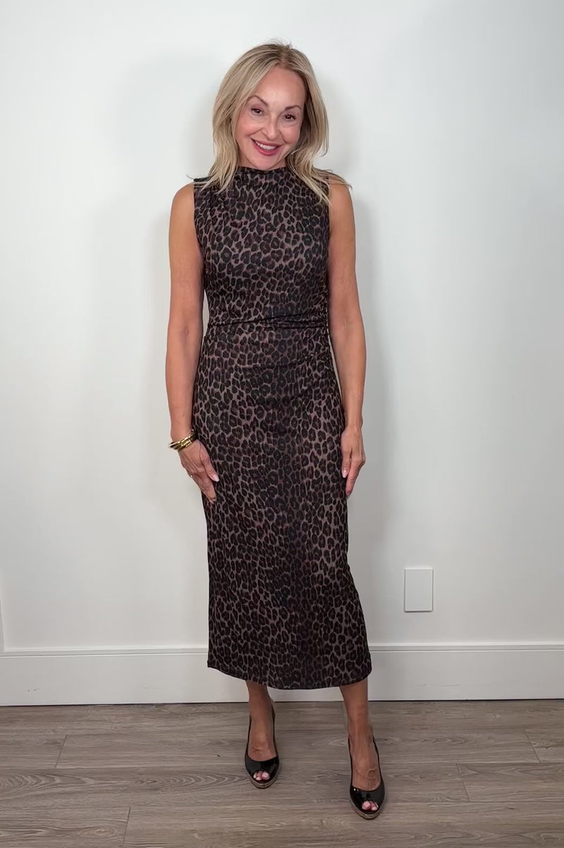 Video of a woman wearing a leopard brown mesh dress