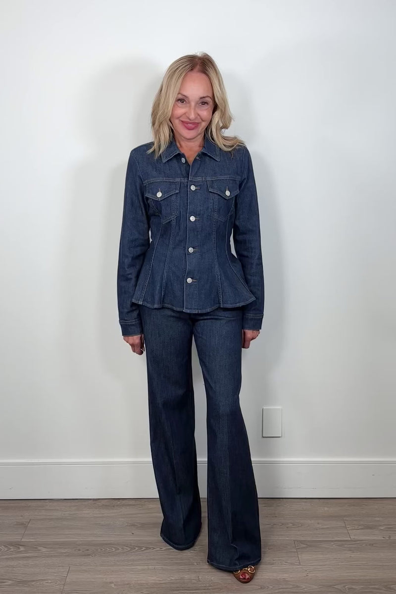 woman wearing a denim top with matching wide leg blue jeans