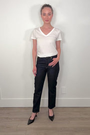 video of a woman wearing dark wash straight keg crop jean