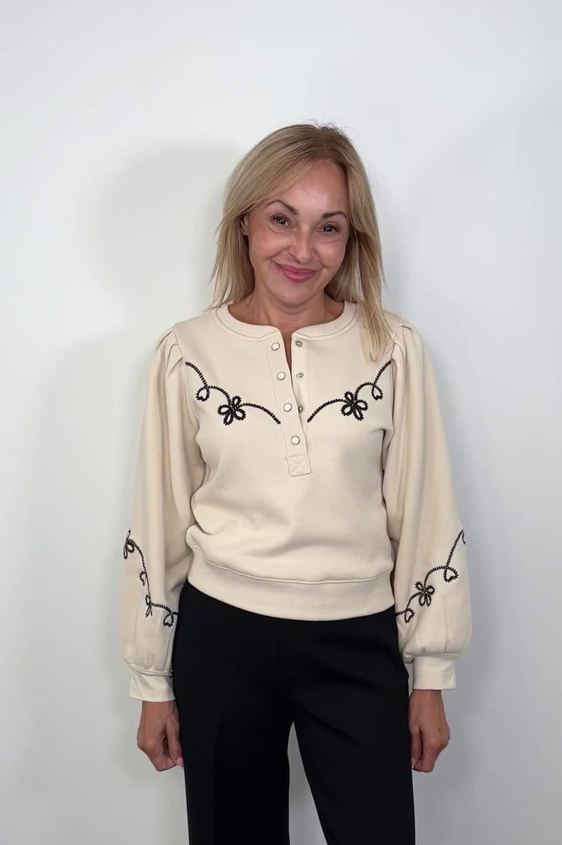 Video of a woman wearing a ecru coloured sweatshirt with a western inspired detailing in the arms and chest turning around to show the back of the garment 