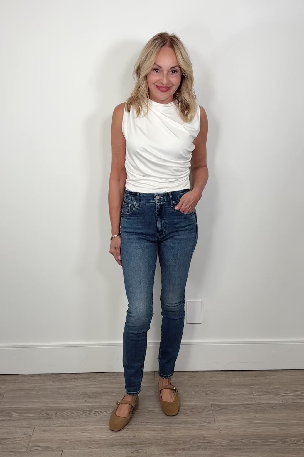video of a woman wearing skinny blue jeans