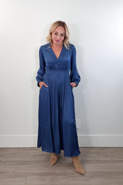Hale Bob Yamileth Solid V-Neck Long Dress w/ Pleating