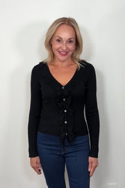 Heartloom Yvette Lightweight Ribbed Knit Top With Ruffles in Black