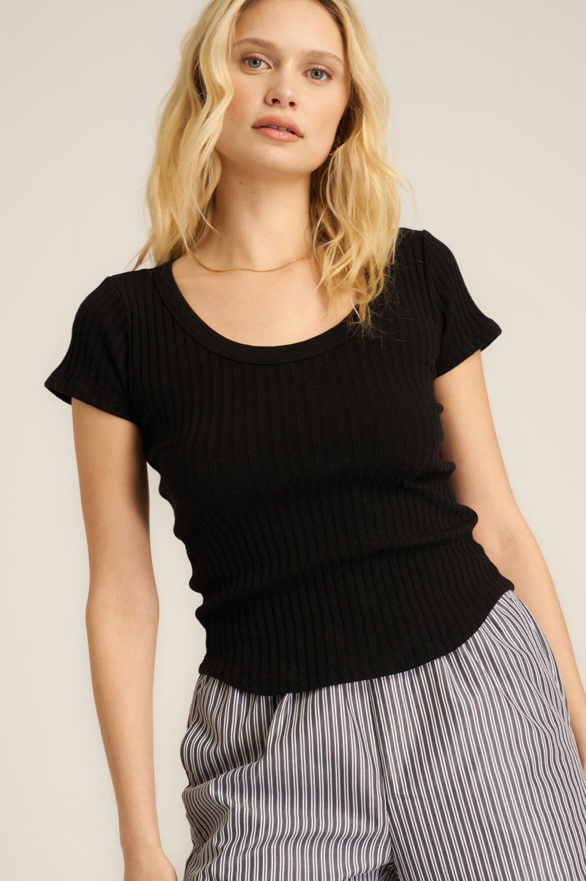 Project Social T Julie Scoop Neck Sweater Rib Tee in Black