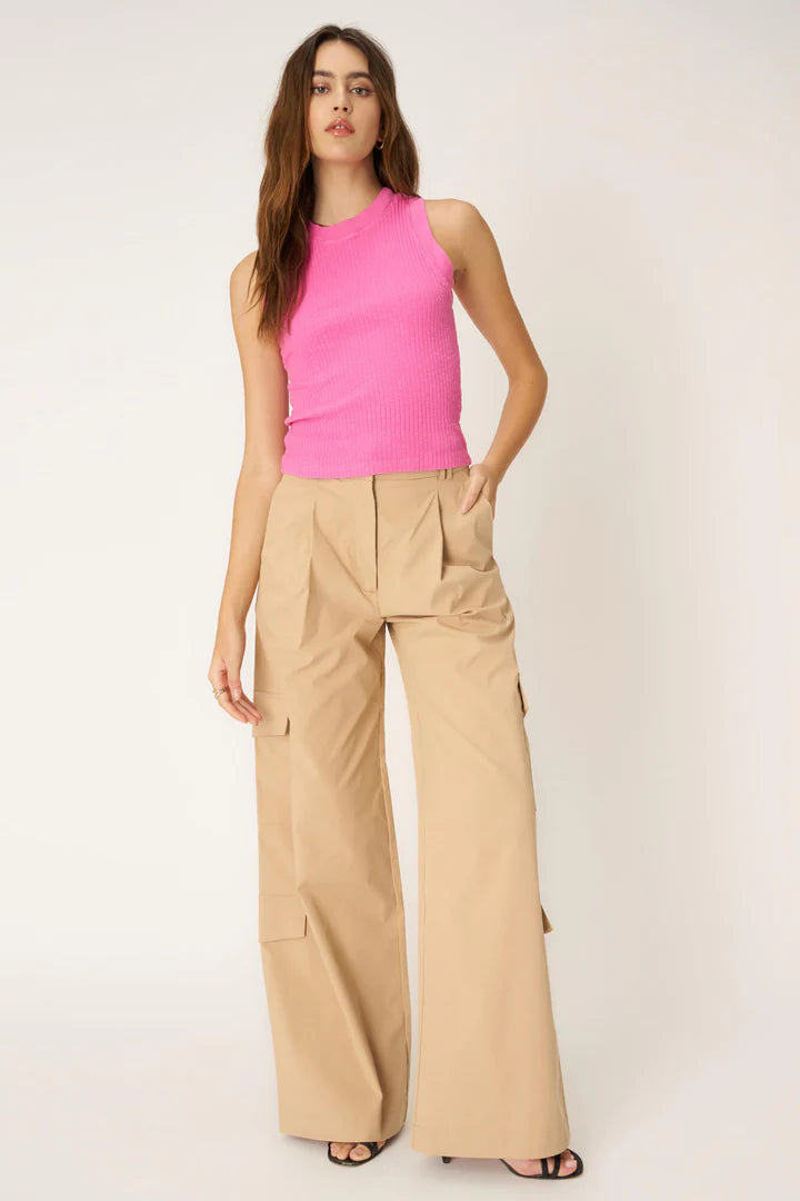 Pink fitted Racerback Rib Tank with a high crew neckline