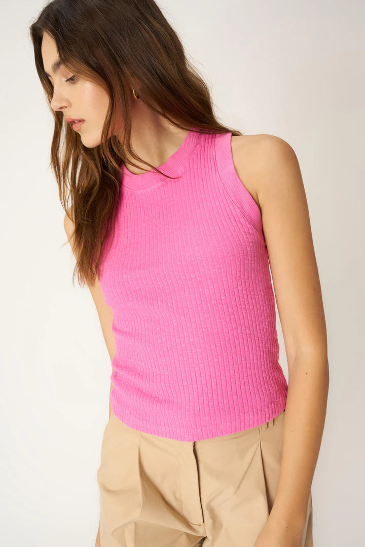 Pink fitted Racerback Rib Tank with a high crew neckline