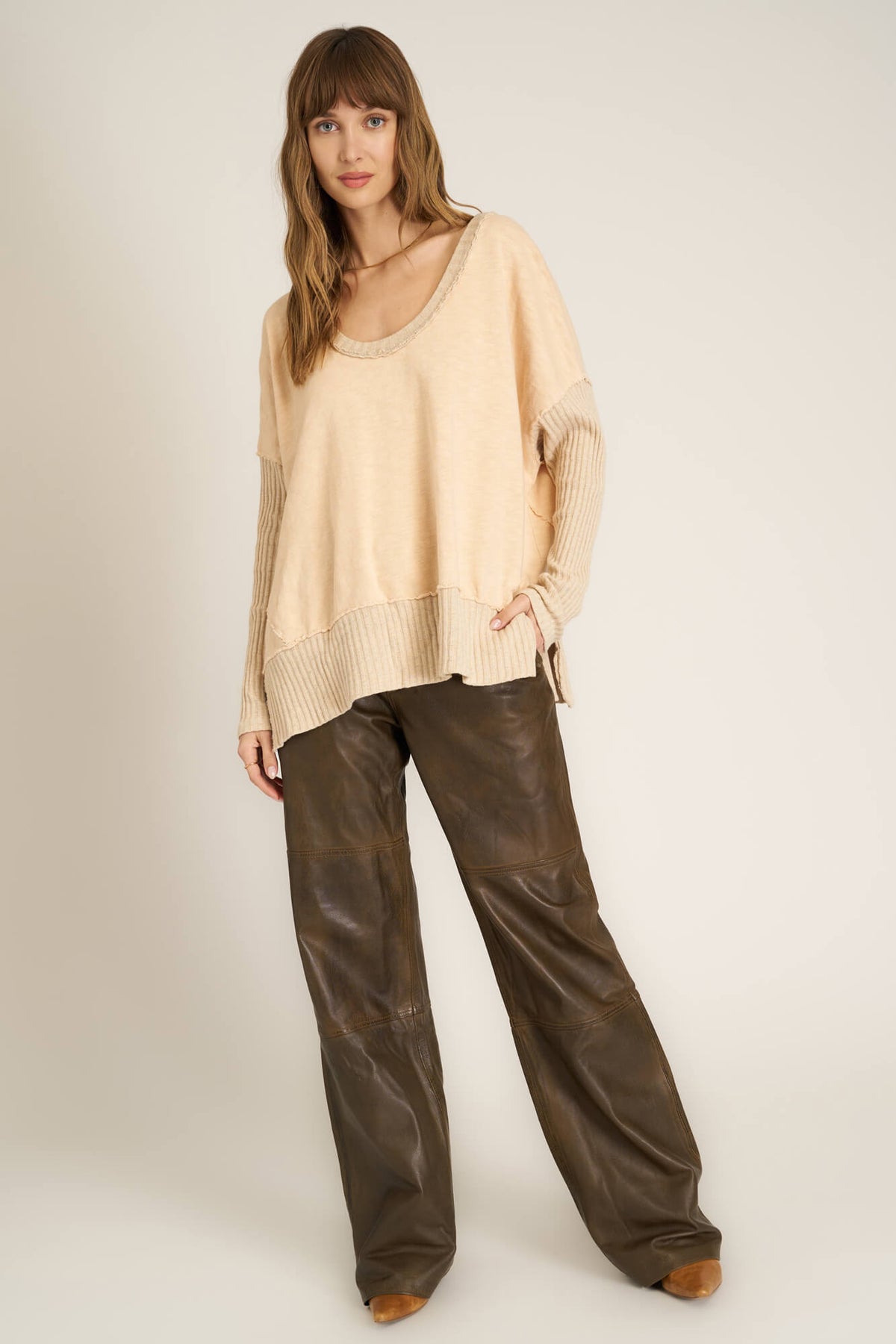 Project Social T Quinn Mixed Fabric Oversized Pullover in Mother of Pearl