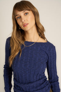 Project Social T Sanna Boat Neck Rib Long Sleeve in Rich Indigo - Size L Available