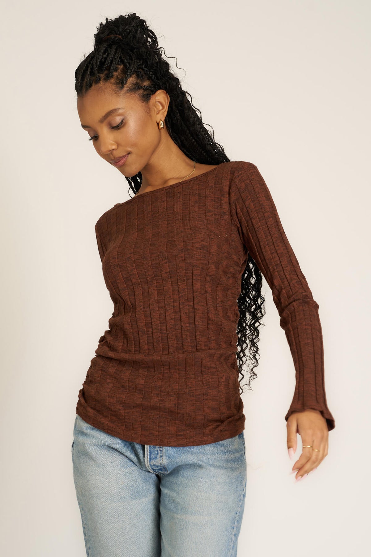 Project Social T Sanna Boat Neck Rib Long Sleeve in Russett Brown - Size XS Available