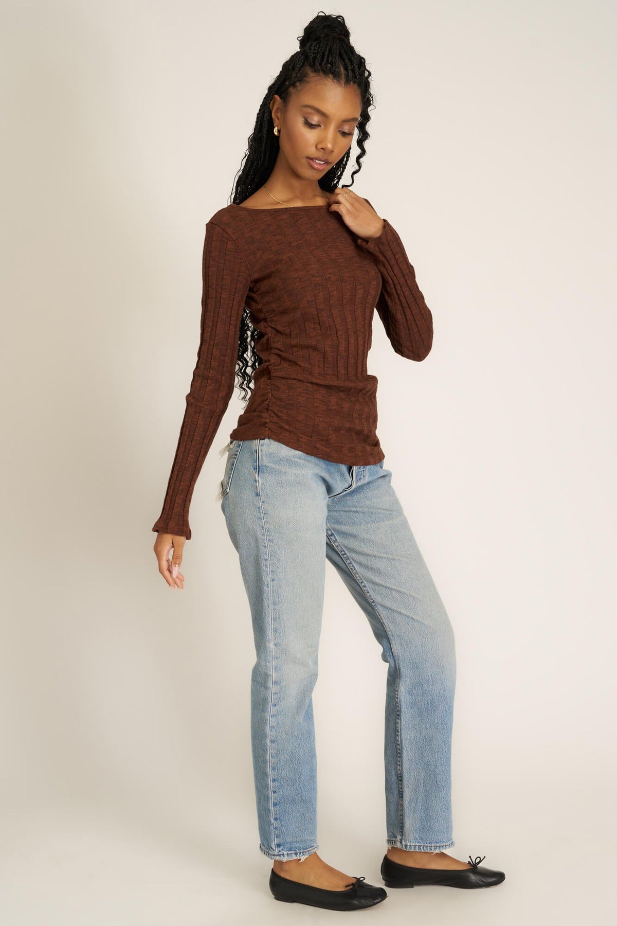 Project Social T Sanna Boat Neck Rib Long Sleeve in Russett Brown - Size XS Available