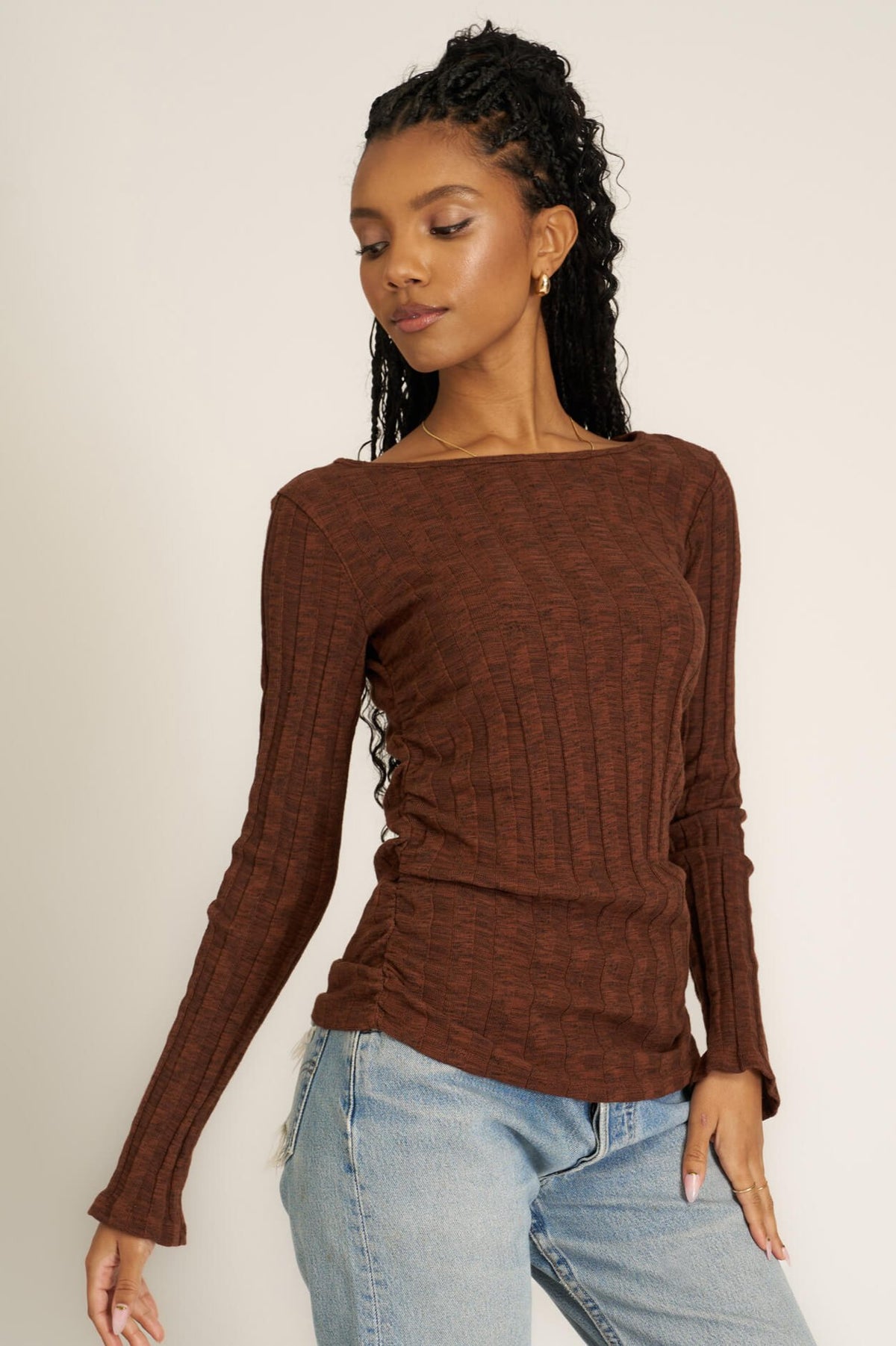 Project Social T Sanna Boat Neck Rib Long Sleeve in Russett Brown - Size XS Available