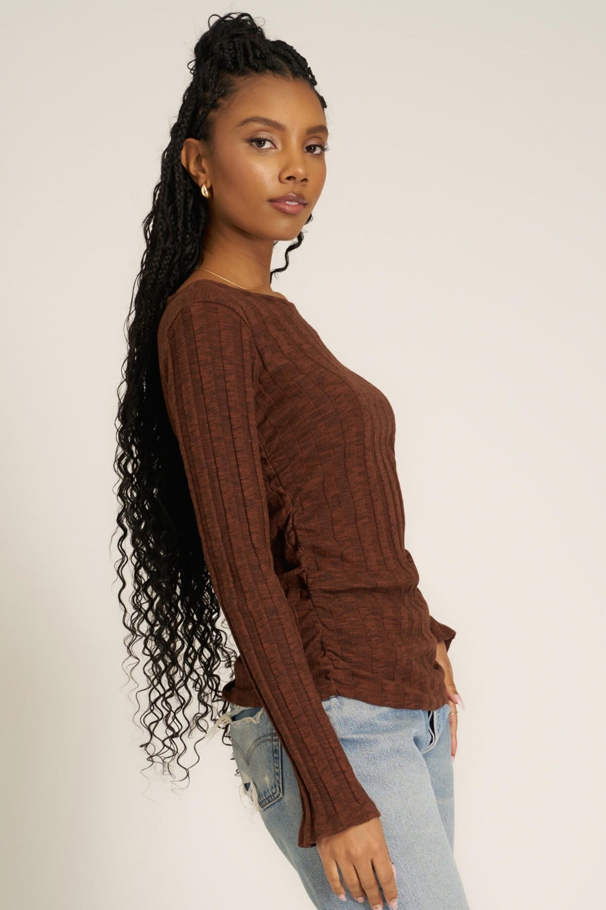 Project Social T Sanna Boat Neck Rib Long Sleeve in Russett Brown - Size XS Available