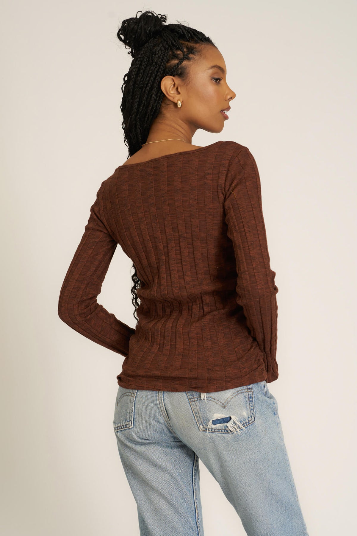 Project Social T Sanna Boat Neck Rib Long Sleeve in Russett Brown - Size XS Available