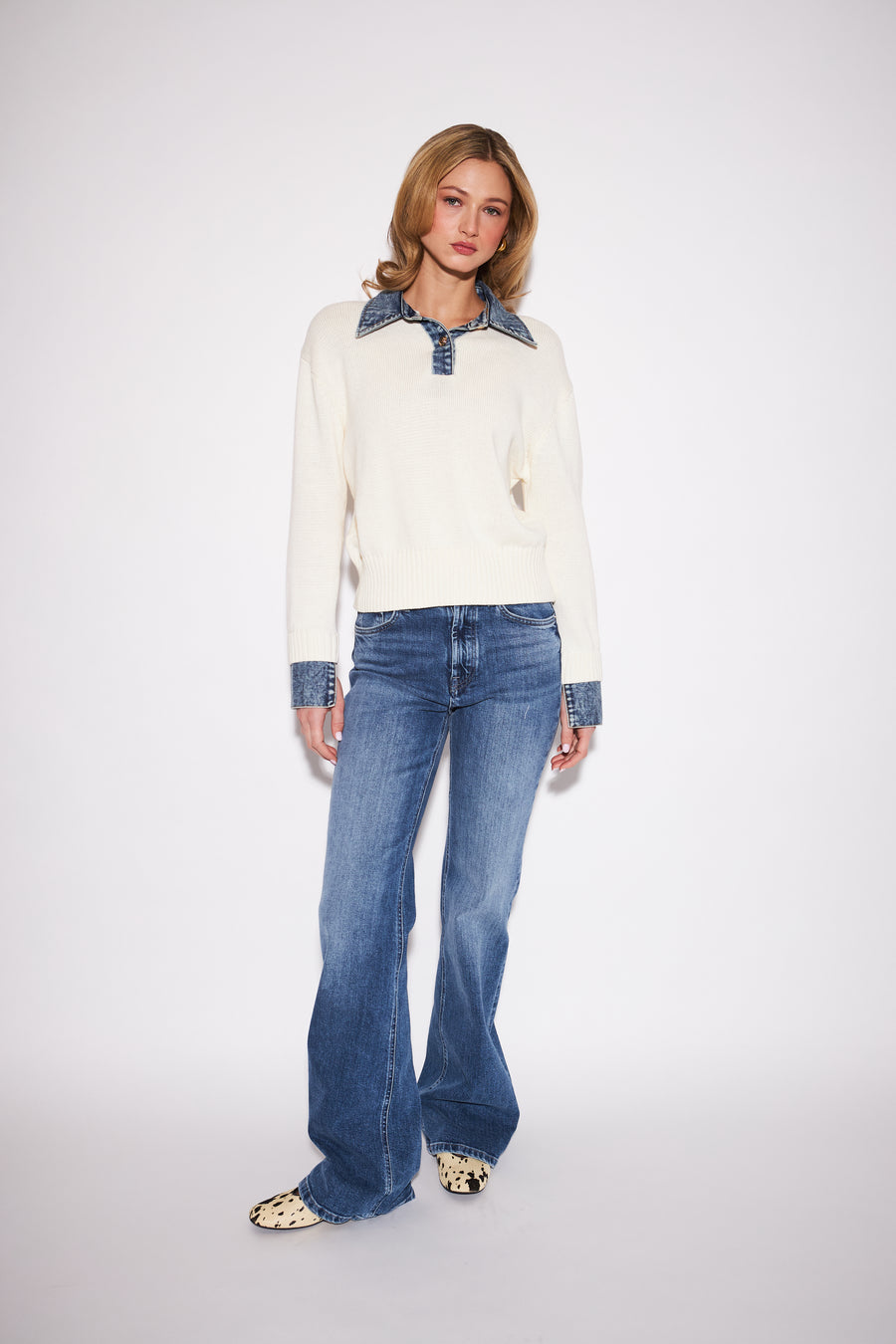 womens white collard sweater,  denim collar and denim sleeve cuffs