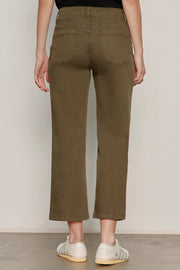 Woman wearing olive green cropped utility pants with a relaxed straight-leg silhouette. Features a high-rise waist, button and zip closure, oversized front patch pockets, and utility-inspired seam detailing. Crafted from soft stretch twill for everyday comfort and ease of movement, back