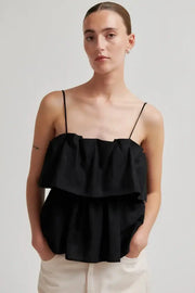 Black ruffled camisole with spaghetti straps 