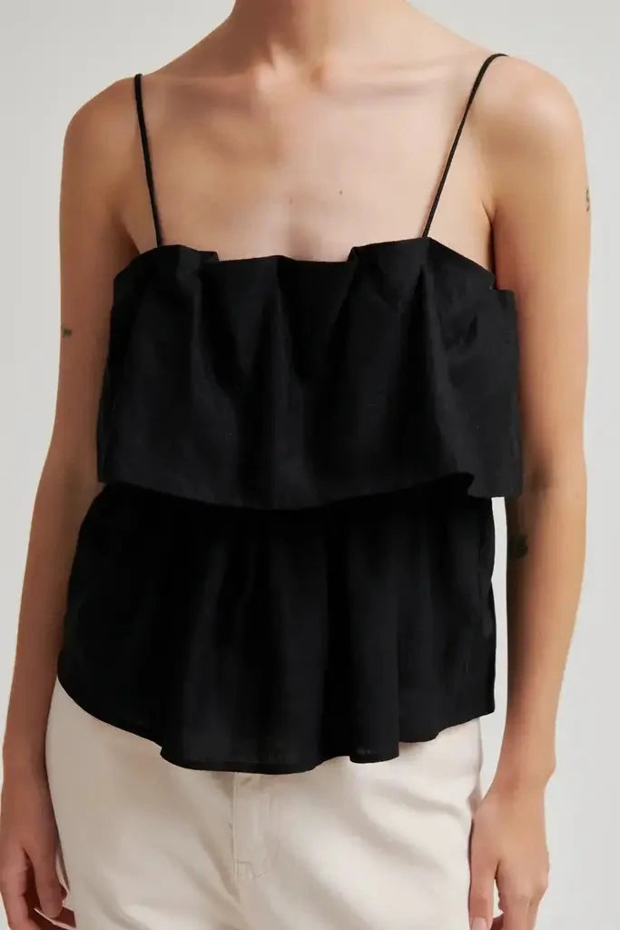 Black ruffled camisole with spaghetti straps 