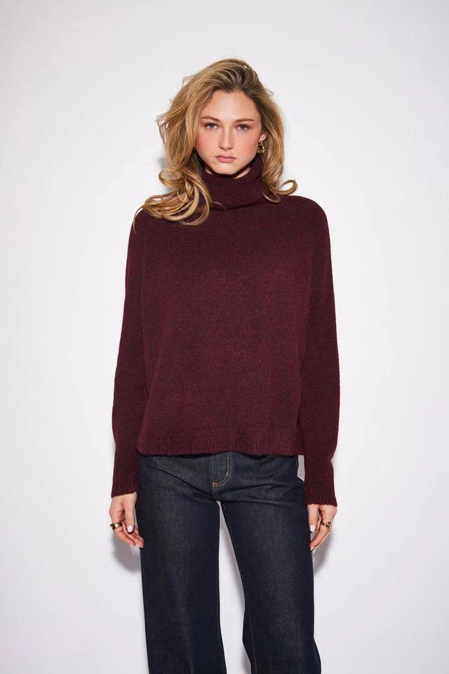 women wearing a dark red turtleneck sweater 