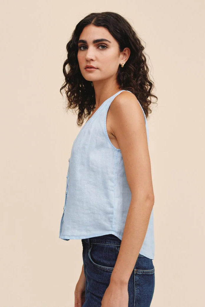 Light blue sleeveless V-neck top with front button detail and relaxed fit, side