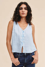 Light blue sleeveless V-neck top with front button detail and relaxed fit, front