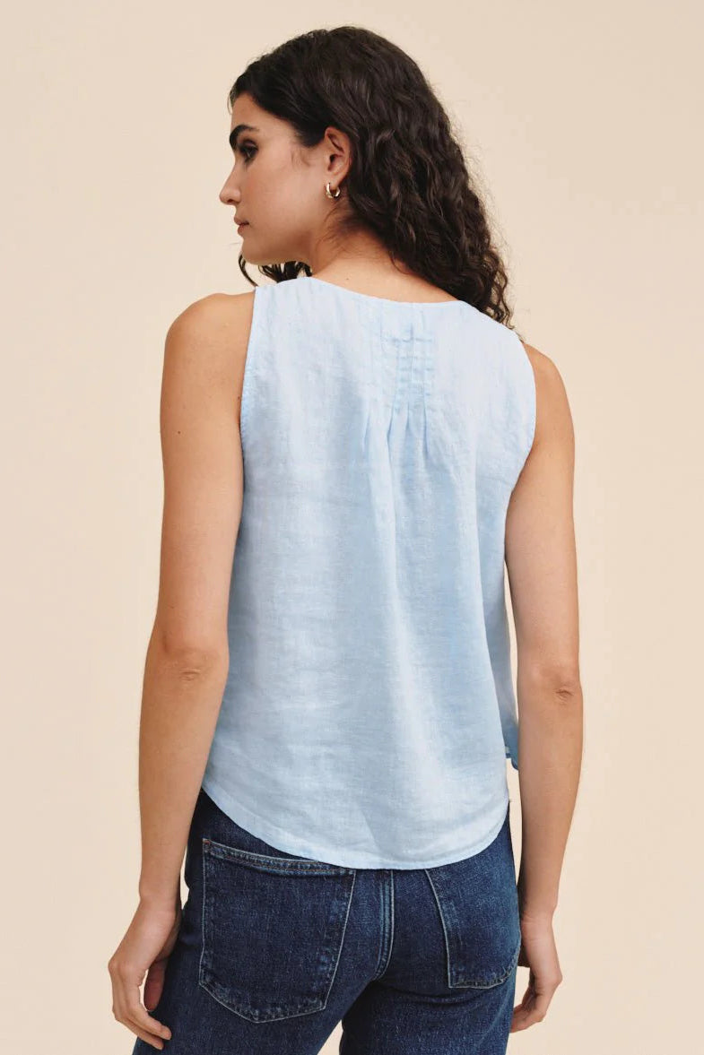 Light blue sleeveless V-neck top with front button detail and relaxed fit, back