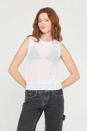 Woman wearing a sleeveless white open-knit sweater tank with a relaxed fit. Features a crew neckline, ribbed trim at the neck, armholes, and hem, and a breathable mesh knit construction, front