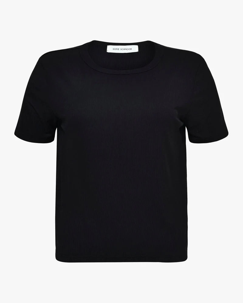 black short-sleeve crewneck top with a relaxed fit front